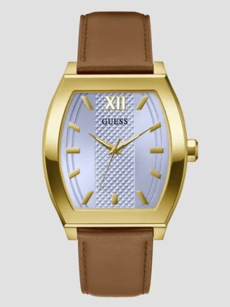 Analoge Uhr aus goldfarbenem und braunem Leder