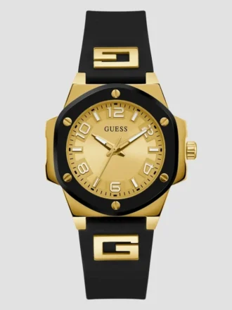 Analoge Uhr aus goldfarbenem und schwarzem Silikon