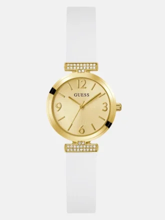 Analoge Uhr aus goldfarbenem und weißem Silikon