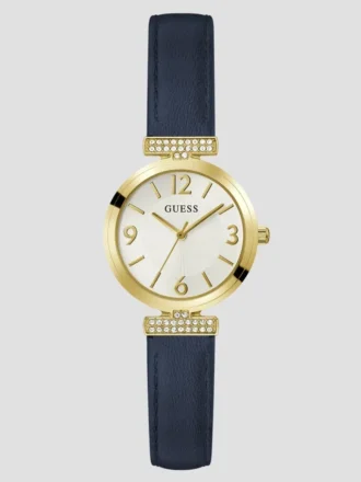 Analoge Uhr in Goldoptik und marineblauem Leder