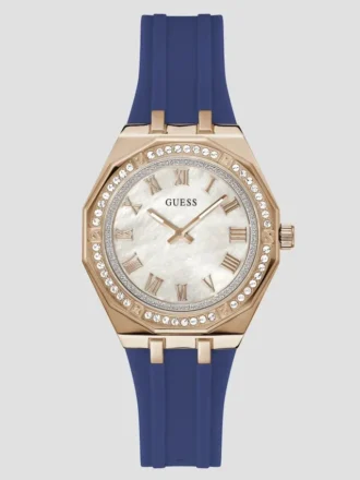 Analoge Uhr in Roségold-Optik und Marineblau mit Silikonarmband
