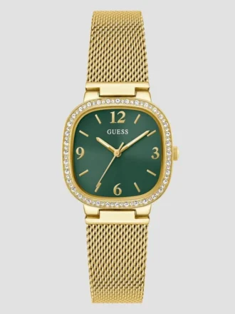 Analoge Uhr mit goldfarbenem und grünem Stahlgeflecht