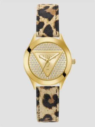 Analoge Uhr mit Leopardenmuster und goldfarbenem Logo