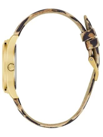 Analoge Uhr mit Leopardenmuster und goldfarbenem Logo
