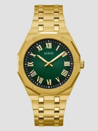 Analoguhr in Goldton und grünem Sunburst-Design