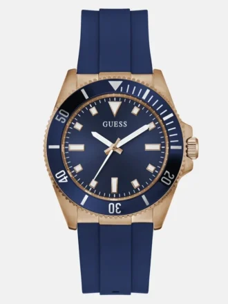 Analoguhr in Roségold-Optik mit blauem Silikonarmband