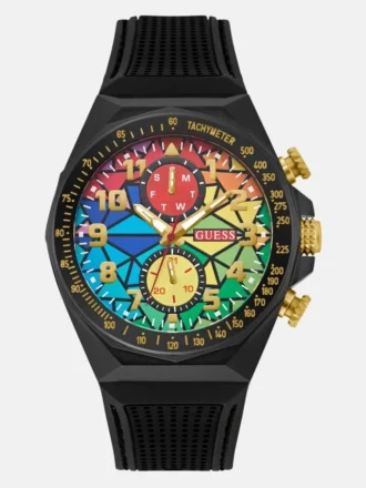 Chronographenuhr mit Regenbogen-Mosaik und schwarzem Silikonarmband