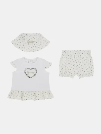 Set aus T-Shirt, Shorts und Bucket Hat mit Eco-Blumenmuster (0–12 Monate)