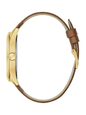 Zweifarbige Analoguhr mit braunem Lederarmband